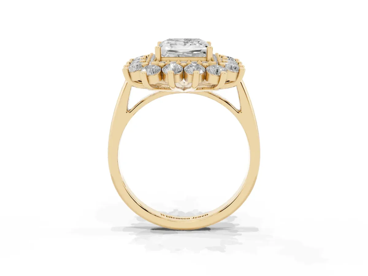 Princess Cut Diamond Floral Double Halo Engagement Ring with Prong Setting Yellow gold