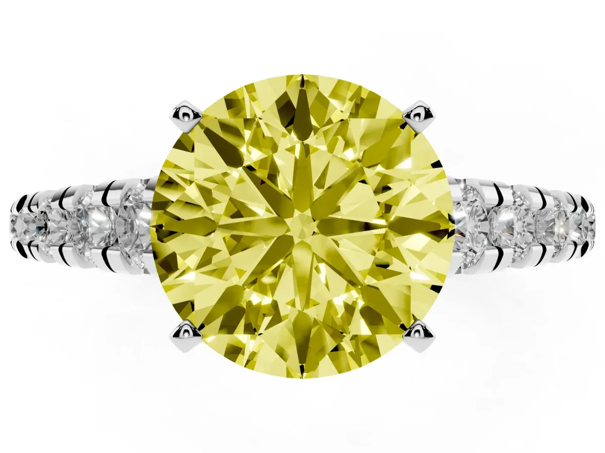Fancy Yellow Round Cut Diamond Cathedral Solitaire Ring with Round Pavé Band Silver