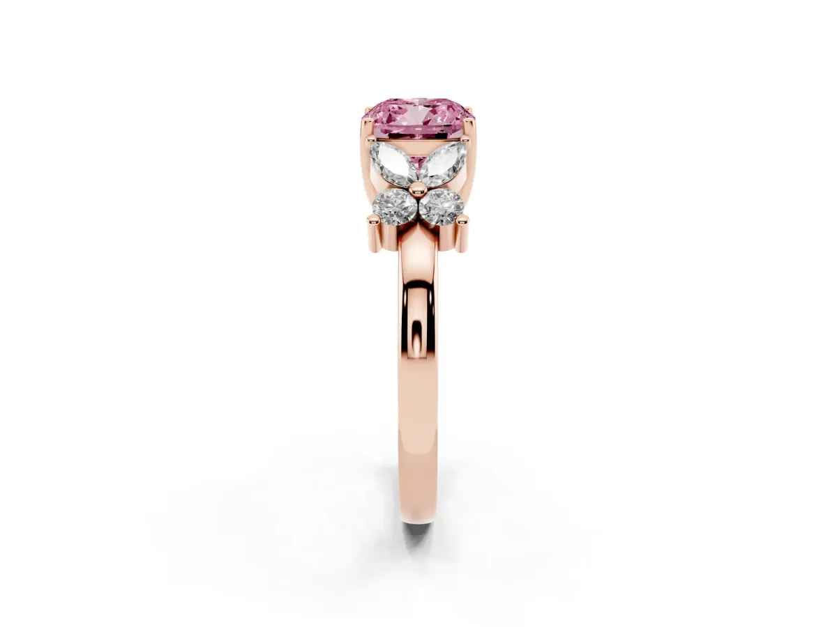 Fancy Pink Cushion Cut Diamond Floral Cluster Ring with Solitaire Band and Prong Setting Rose gold