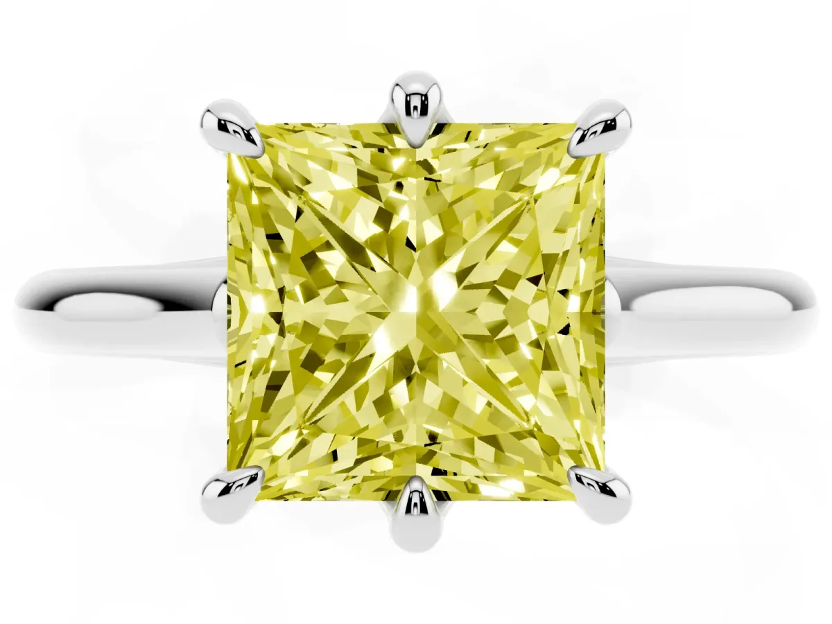 Fancy Yellow Princess Cut Solitaire Engagement Ring with Six-Prong Setting and Classic Band Silver