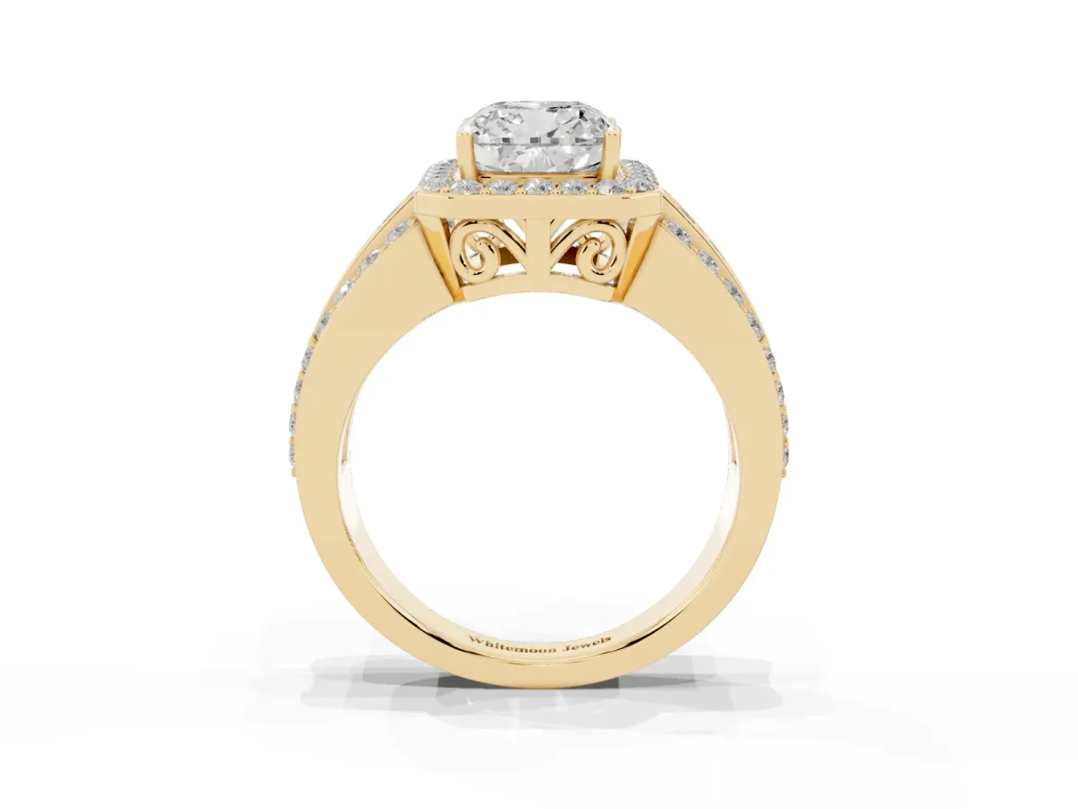 0.5 Carat Cushion Cut Halo Ring with Round Split Shank and Prong Setting Yellow gold