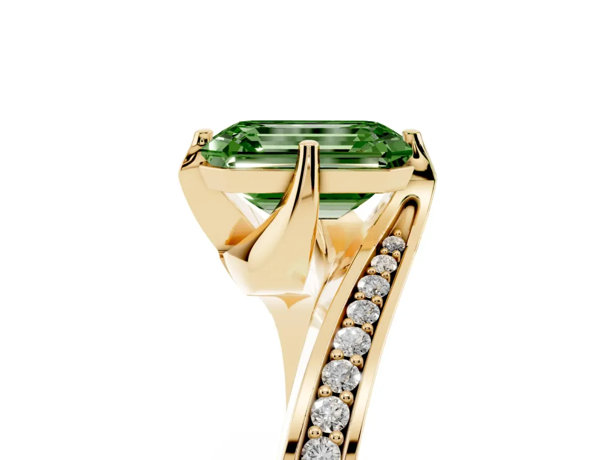 Fancy Green Emerald Cut Solitaire Diamond Twist Band with Pavé Setting and Four-Prong Setting Yellow gold