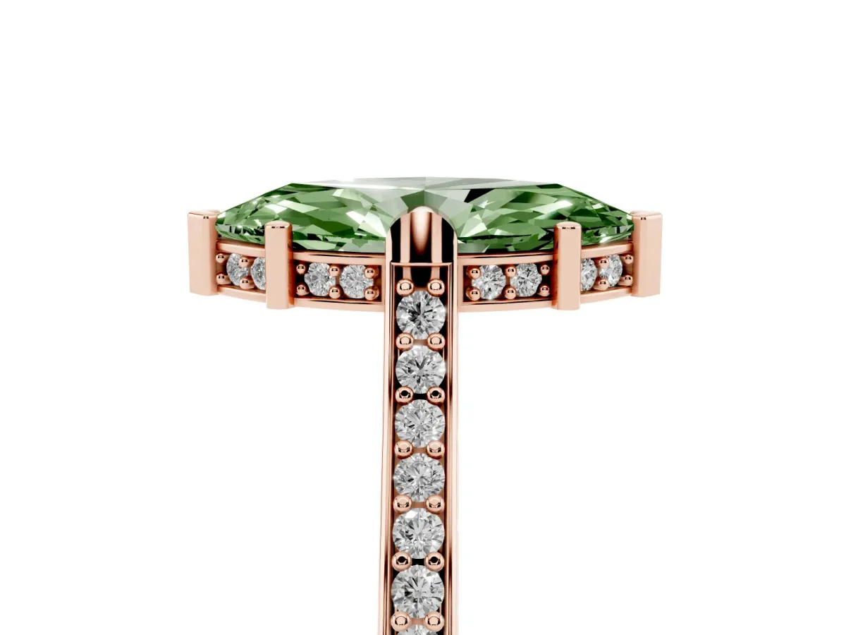 Fancy Green Marquise Cut Solitaire Diamond Ring with Channel Set Band and Bezel Prong Setting Rose gold