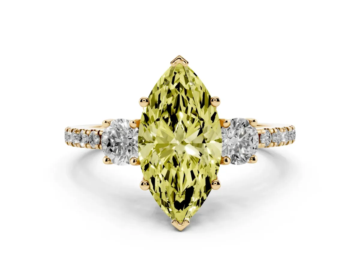 Fancy Yellow Three-Stone Marquise Cut Cut Diamond Pavé Band with Prong Setting Yellow gold