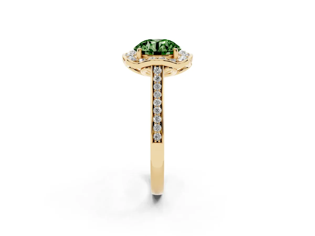 Fancy Green Round Cut Halo Round Diamond Pave Band with Four-Prong Setting Yellow gold