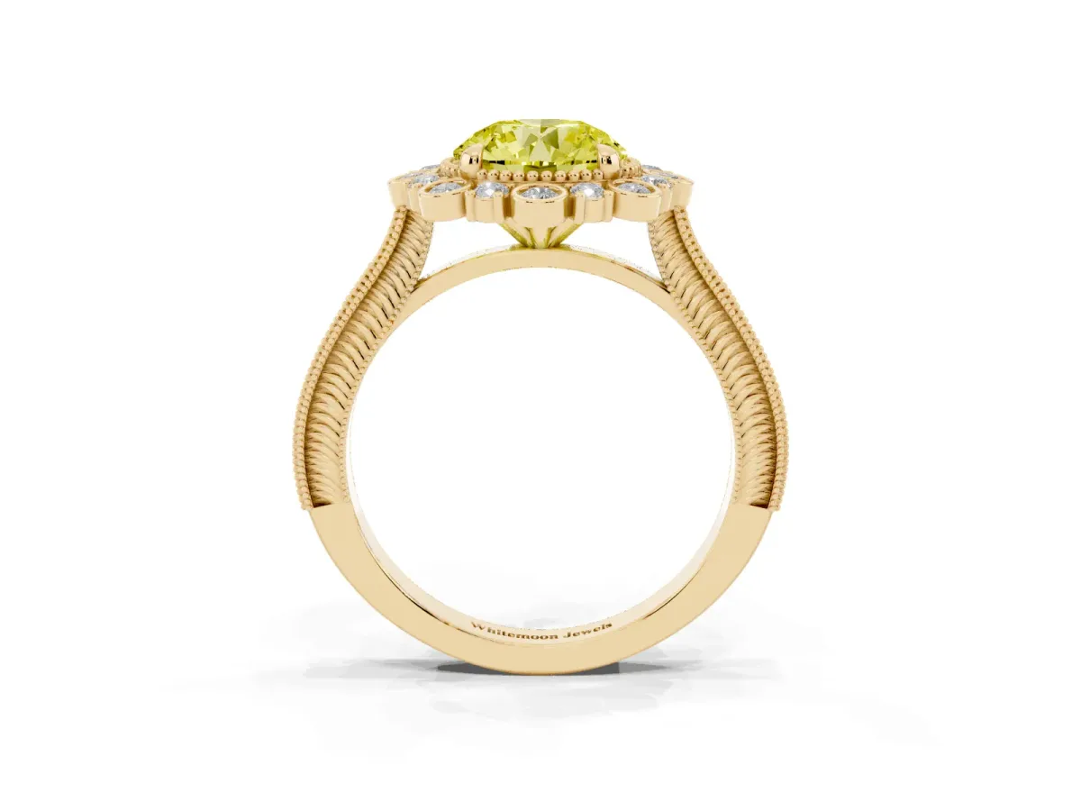 Fancy Yellow Round Cut Halo Milgrain Pave Diamond Ring with Four-Prong Setting Yellow gold