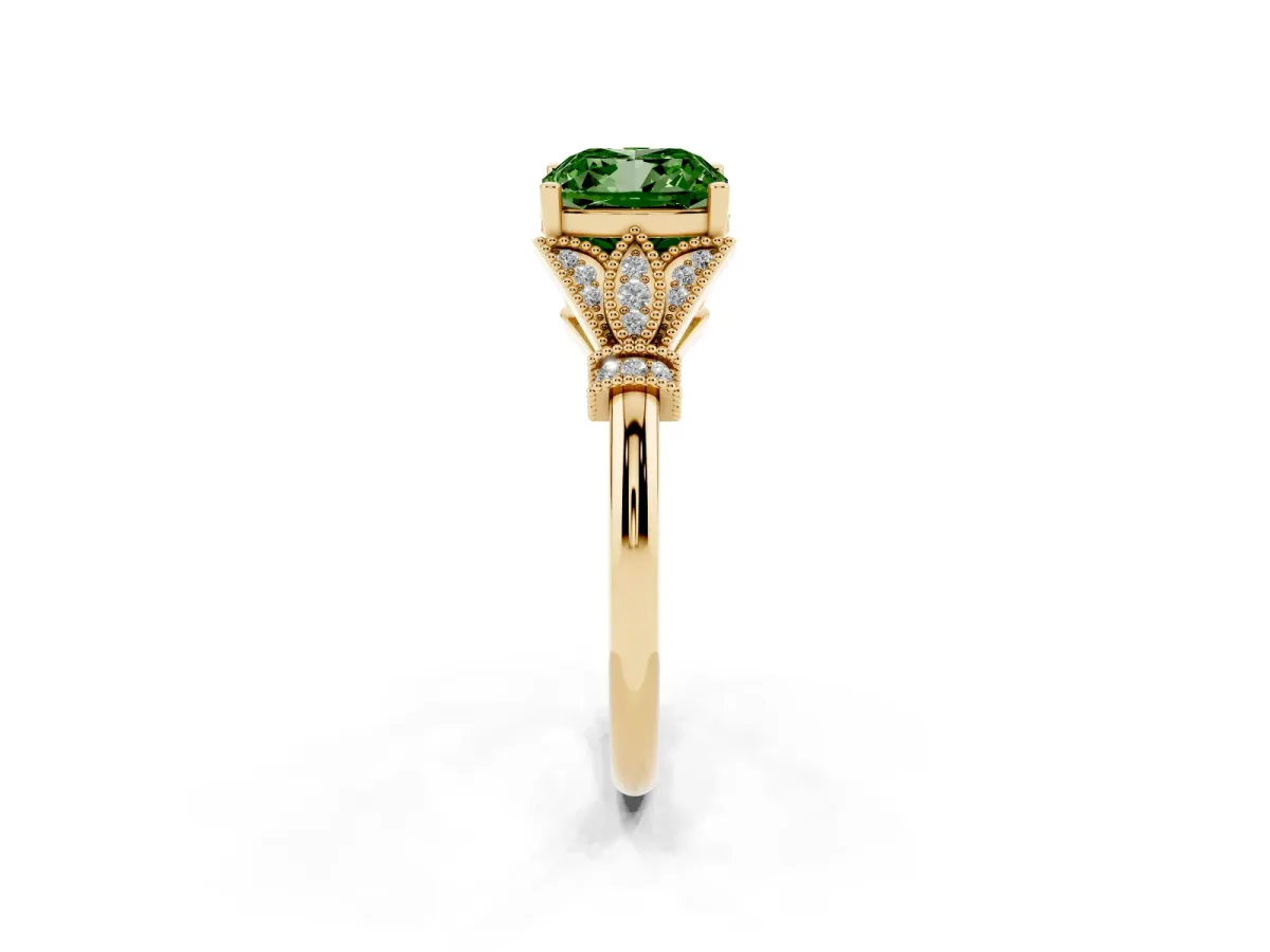 Fancy Green Cushion Cut Diamond Solitaire Ring with Floral Filigree and Pave Accents Yellow gold