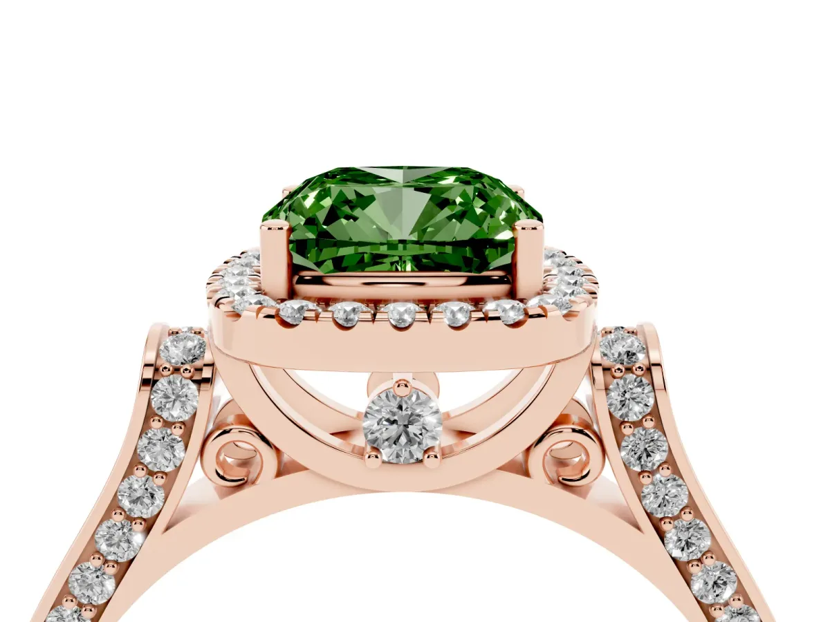 Fancy Green Cushion Cut Halo Pave Split Shank Prong Setting Ring Rose gold