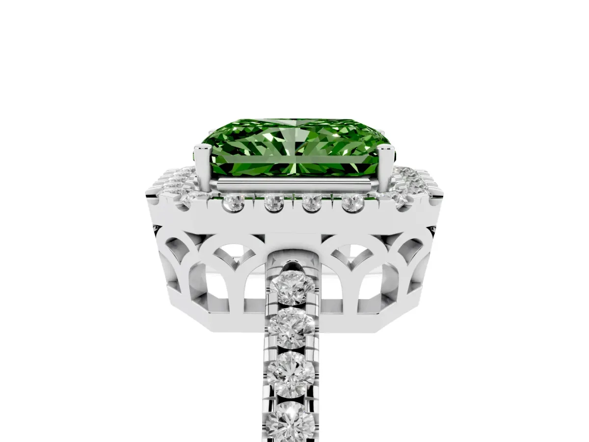 Fancy Green Radiant Cut Halo Diamond Engagement Ring with Pavé Band and Four-Prong Setting Silver