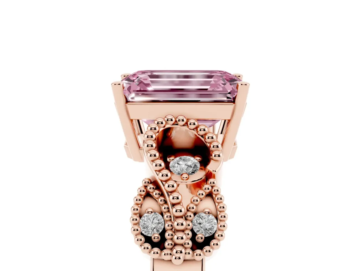 Fancy Pink Emerald Cut Solitaire Milgrain Leaf Band with Prong Setting Rose gold