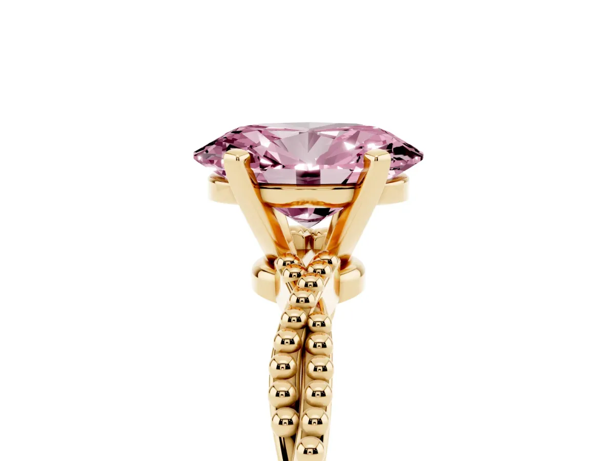 Fancy Pink Oval Cut Solitaire Twisted Band with Bead Prong Setting Yellow gold