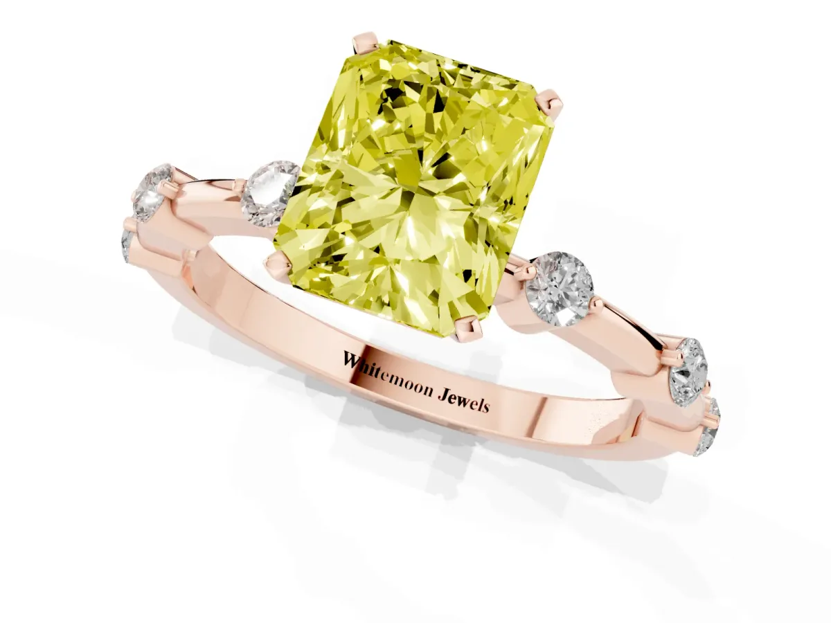 Fancy Yellow Radiant Cut Solitaire Diamond Ring with Bezel Set Side Stones and Prong Setting Rose gold