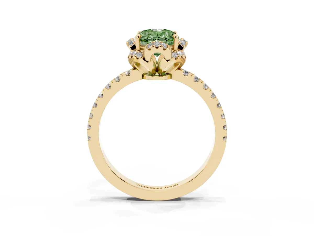 Fancy Green Oval Cut Diamond Halo Pave Band with Four-Prong Setting Yellow gold