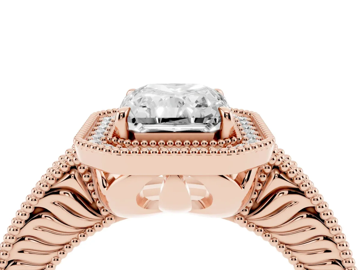 Radiant Cut Cut Halo Diamond Ring with Pavé Band and Four-Prong Setting Rose gold