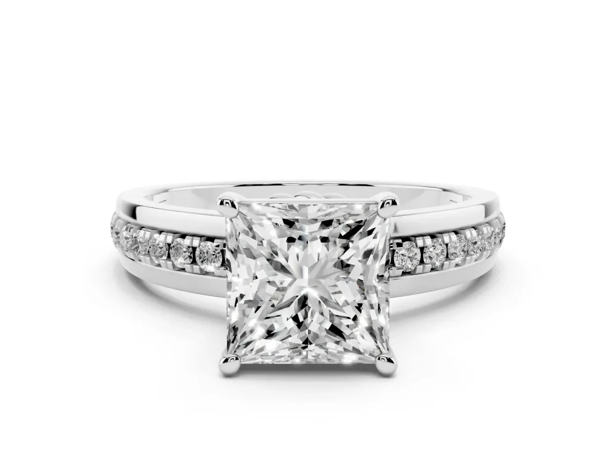 Princess Cut Solitaire Diamond Ring with Channel Set Band and Six-Prong Setting Silver