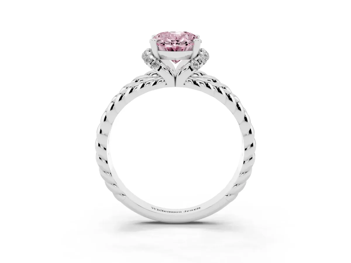 Fancy Pink Oval Cut Halo Twisted Band Four-Prong Ring Silver