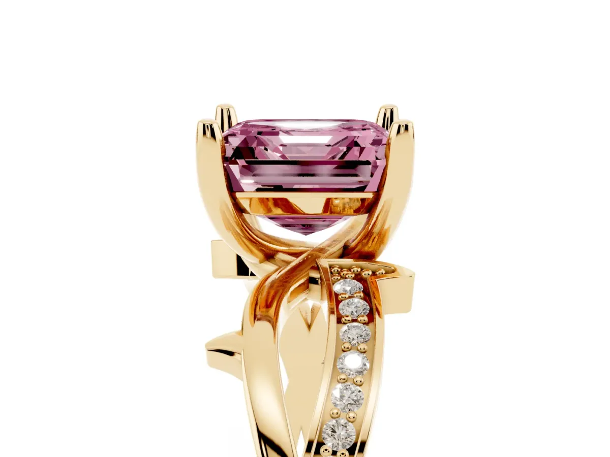Fancy Pink Asscher Cut Solitaire Twist Band with Pavé Accents and Four-Prong Setting Yellow gold