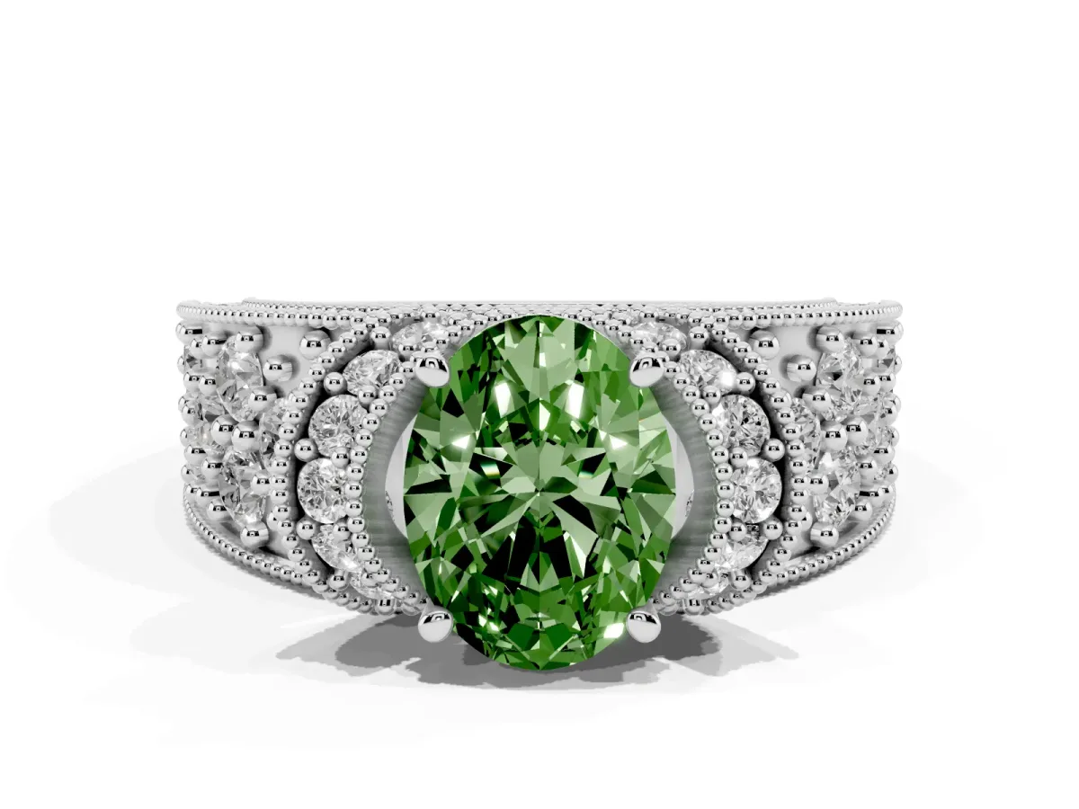 Fancy Green Oval Cut Halo Pave Diamond Engagement Ring with Milgrain Detailing Platinum