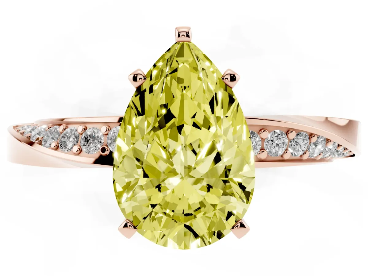 Fancy Yellow Pear Cut Diamond Engagement Ring with Side Stone Accents and Four-Prong Setting Rose gold