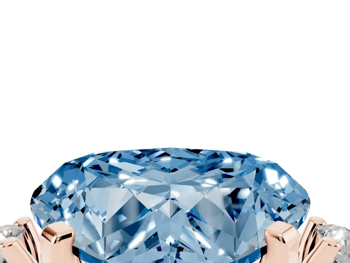 Fancy Blue Heart Cut Cut Three-Stone Solitaire Ring with Round Accent Diamonds and Four-Prong Setting Rose gold