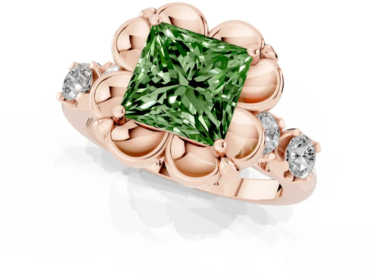 Fancy Green Princess Cut Cut Diamond Floral Halo Engagement Ring with Shared Prong Setting Rose gold
