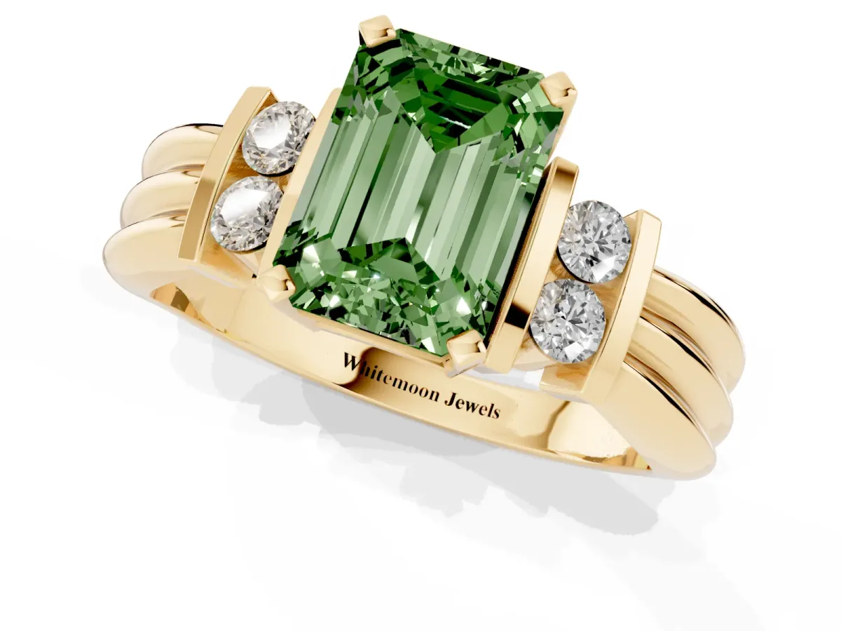 Fancy Green Emerald Cut Cut Three-Stone Channel Set Ring with Bar Prongs Yellow gold