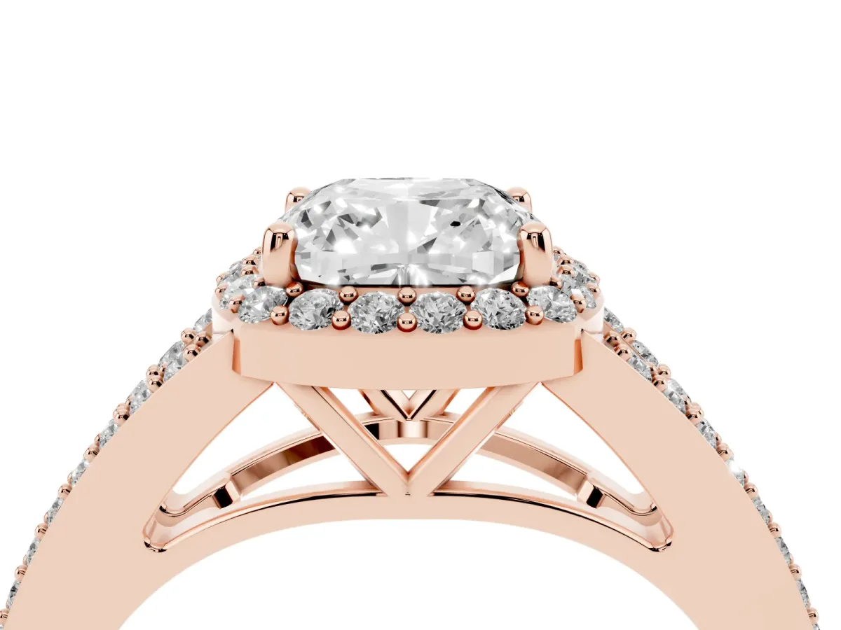 Cushion Cut Halo Split Shank Diamond Ring with Prong Setting Rose gold