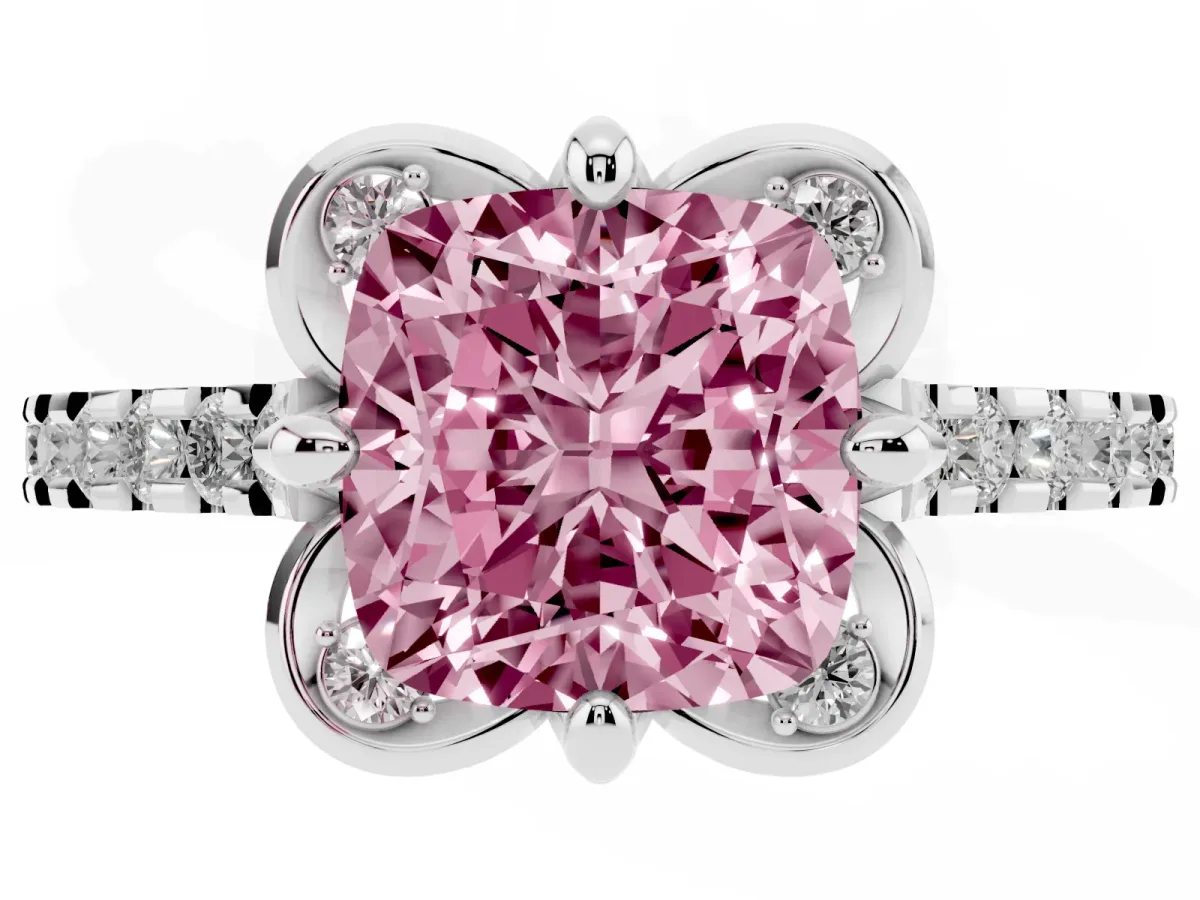 Fancy Pink Cushion Cut Diamond Ring with Pavé Band and Floral Prong Setting Platinum