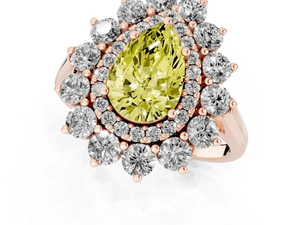 Fancy Yellow Pear Cut Diamond Floral Double Halo Engagement Ring with Prong Setting Rose gold