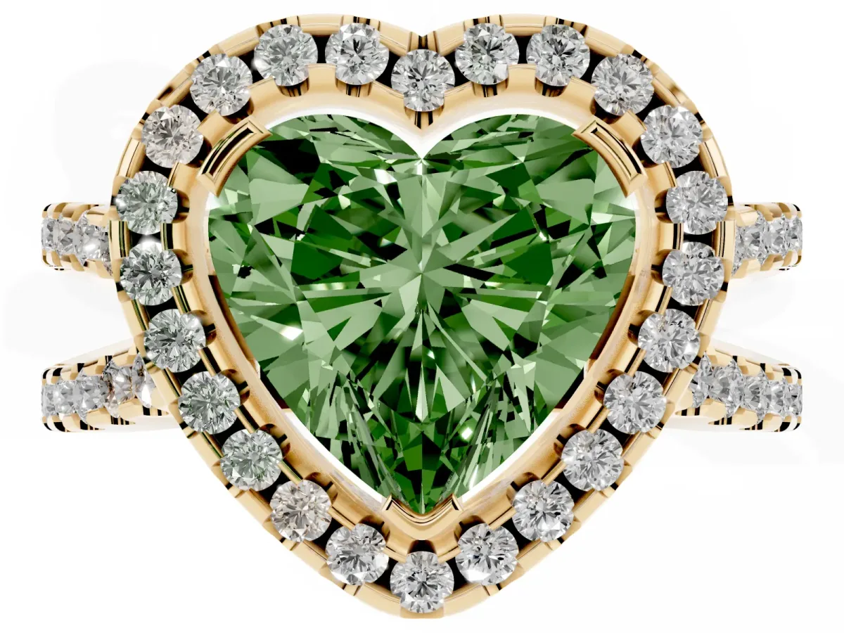 Fancy Green Heart Cut Diamond Halo Ring with Split Shank Pavé Band and Prong Setting Yellow gold