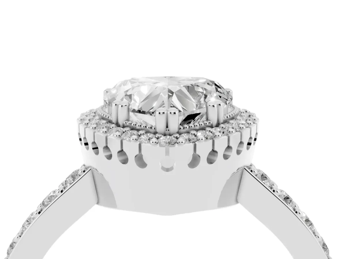 Heart Cut Cut Diamond Halo Engagement Ring with Milgrain Detail and Pavé Band Silver