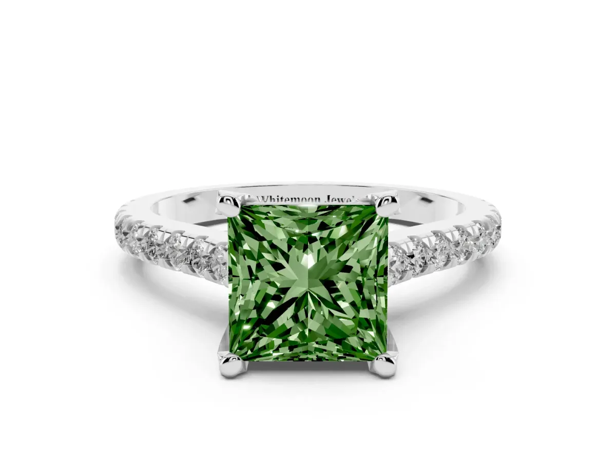 Fancy Green Princess Cut Brilliant Diamond Solitaire with Pavé Band and Four-Prong Setting Silver