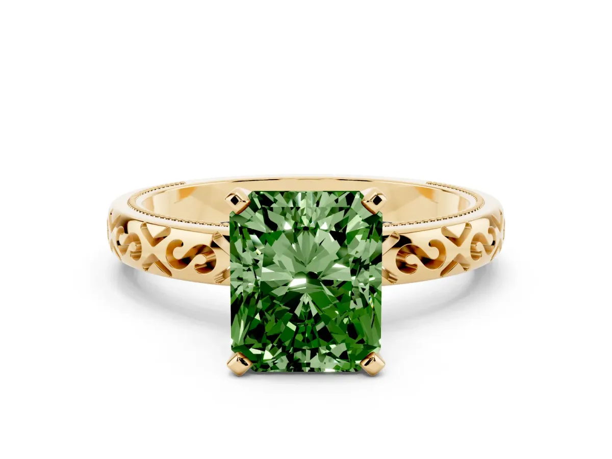 Fancy Green Radiant Cut Solitaire Engagement Ring with Scrollwork Band and Four-Prong Setting Yellow gold