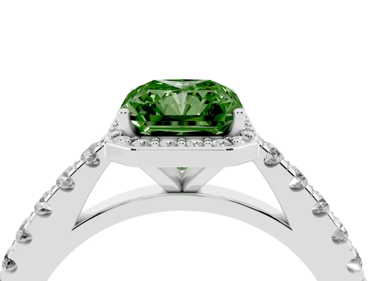 Fancy Green Radiant Cut Cut Halo Diamond Engagement Ring with Pave Band and Four-Prong Setting Platinum