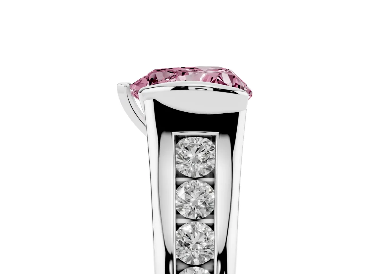 Fancy Pink Heart Cut Solitaire Bezel-Set Diamond Ring with Channel-Set Band Silver