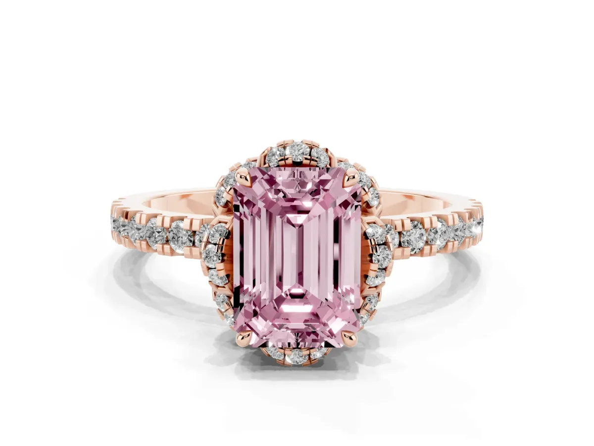 Fancy Pink Emerald Cut Diamond Halo Pave Band with Four-Prong Setting Rose gold