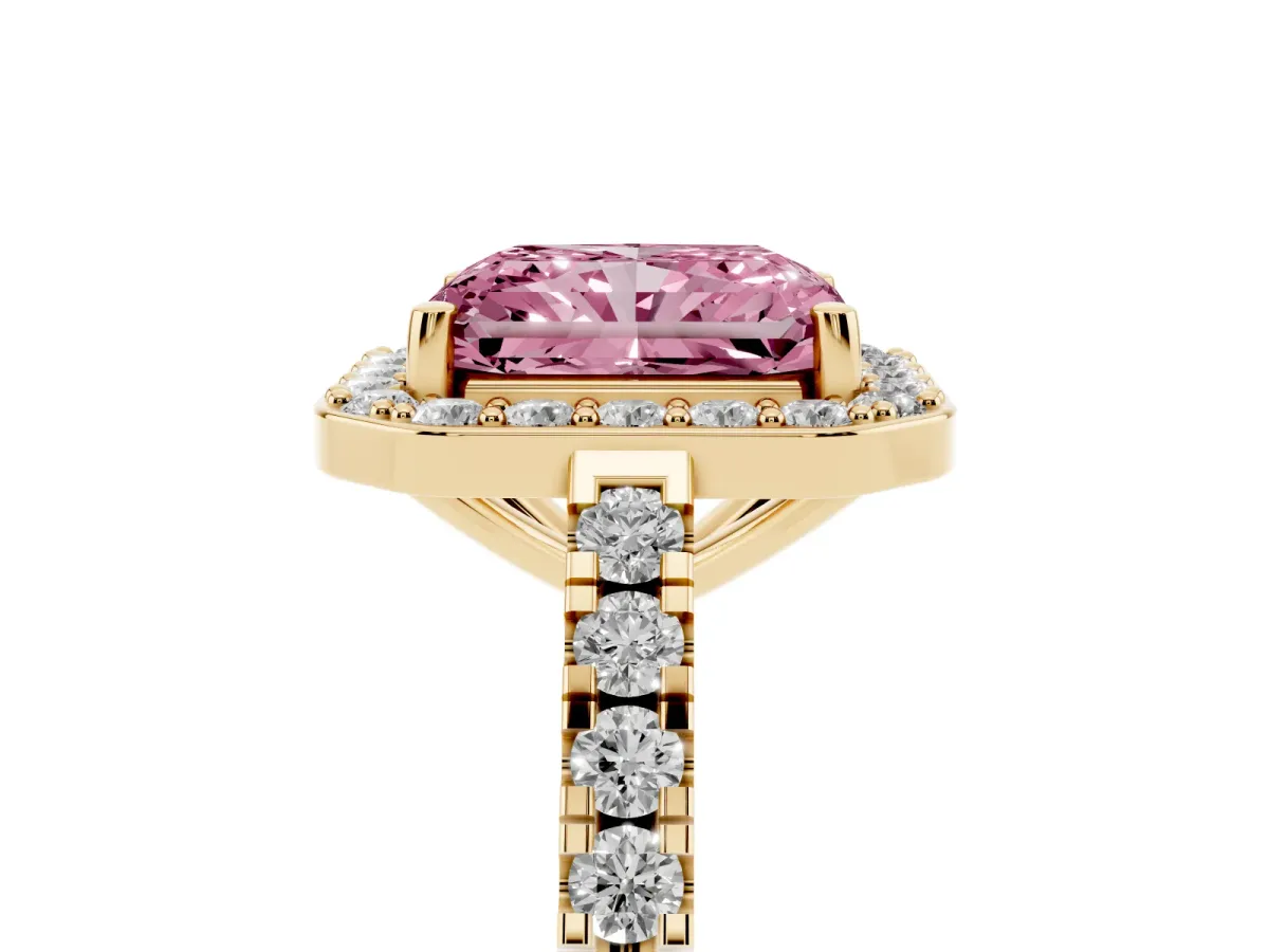 Fancy Pink Radiant Cut Diamond Halo Ring with Round Pavé Split Shank and Prong Setting Yellow gold