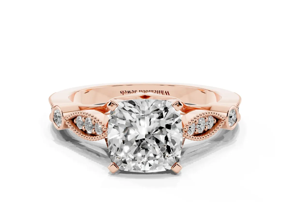 Cushion Cut Cut Diamond with Milgrain Marquise and Bezel Accents on a Solitaire Band with Prong Setting Rose gold