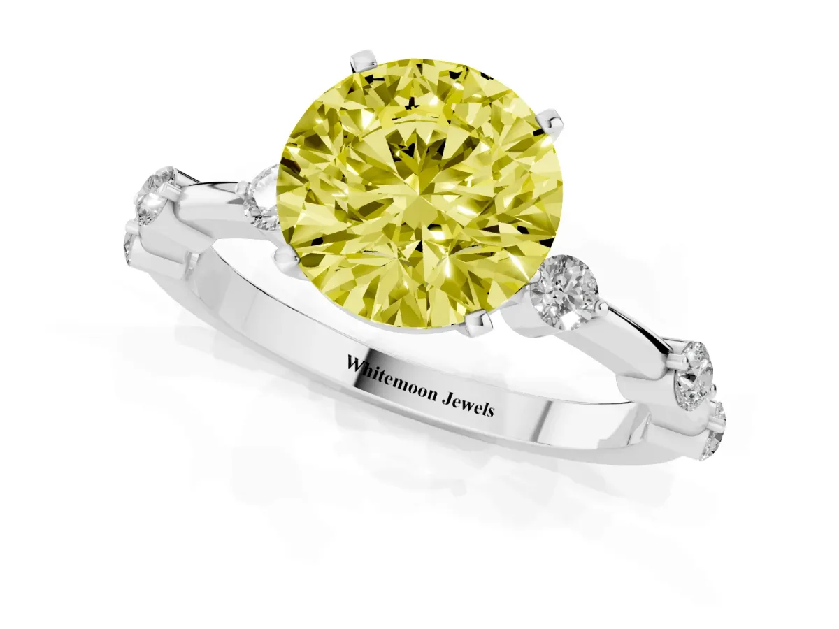 Fancy Yellow Round Cut Solitaire Diamond Ring with Bezel Set Side Stones and Prong Setting Silver