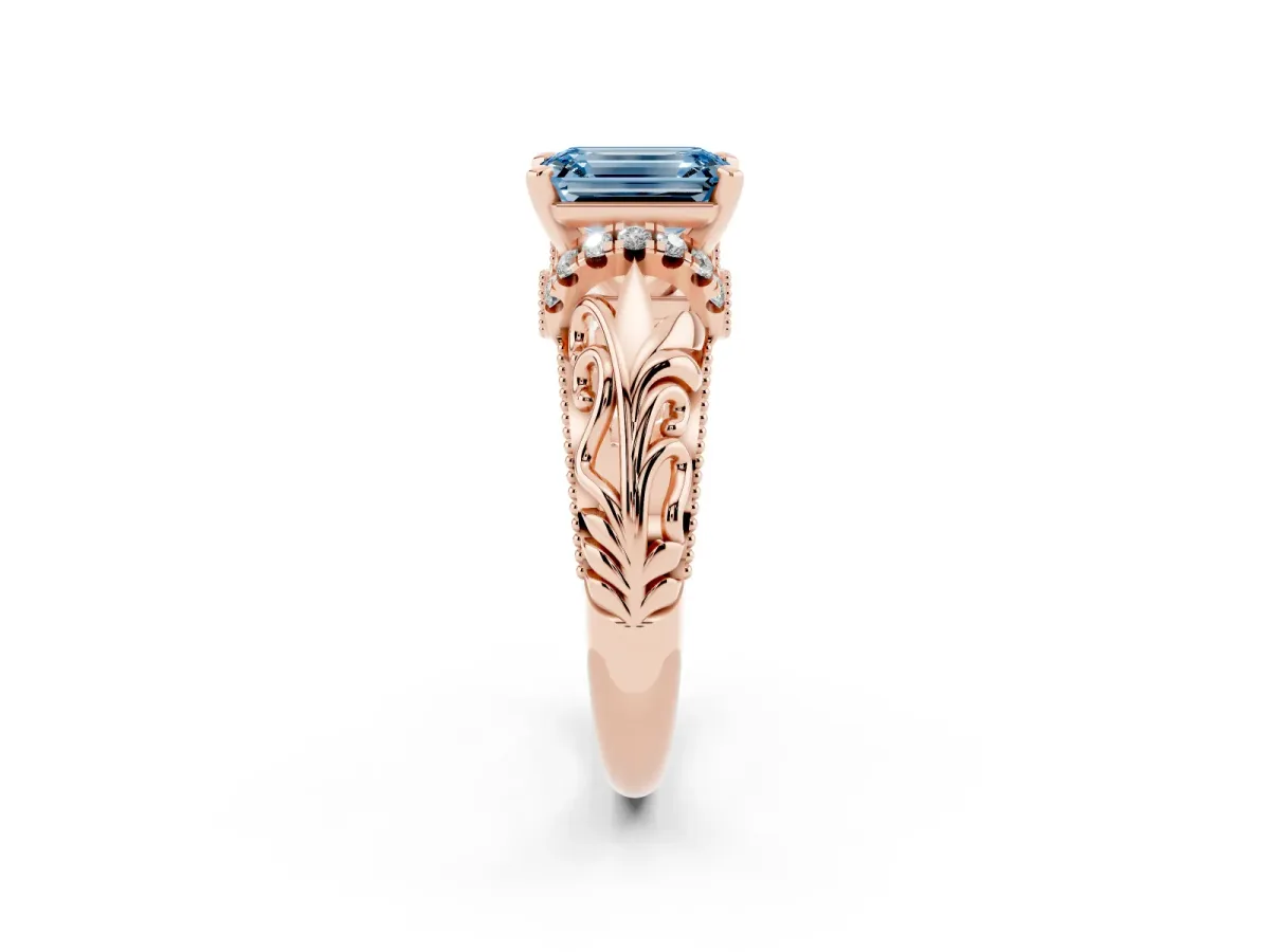 Fancy Blue Emerald Cut Solitaire Filigree Engagement Ring with Halo and Prong Setting Rose gold