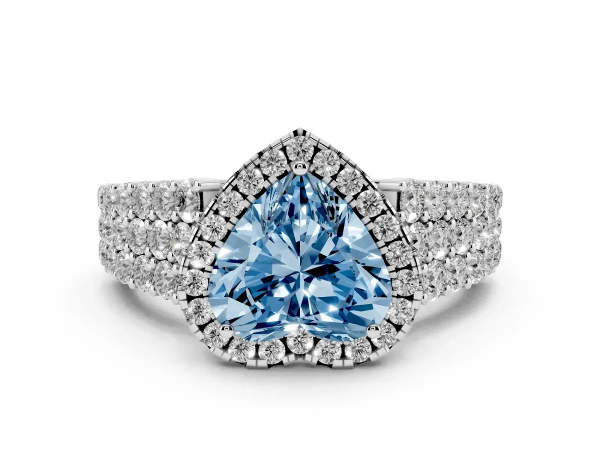 Fancy Blue Heart Cut Diamond Halo Engagement Ring with Triple Row Round Pavé Band and Prong Setting White gold