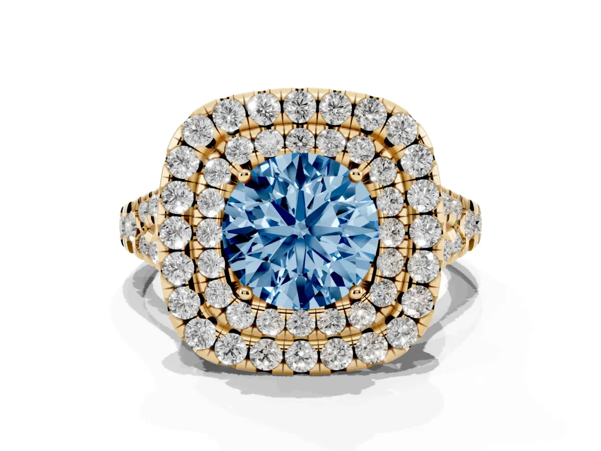 Fancy Blue Double Halo Round Cut Diamond Pavé Split Shank Ring with Prong Setting Yellow gold