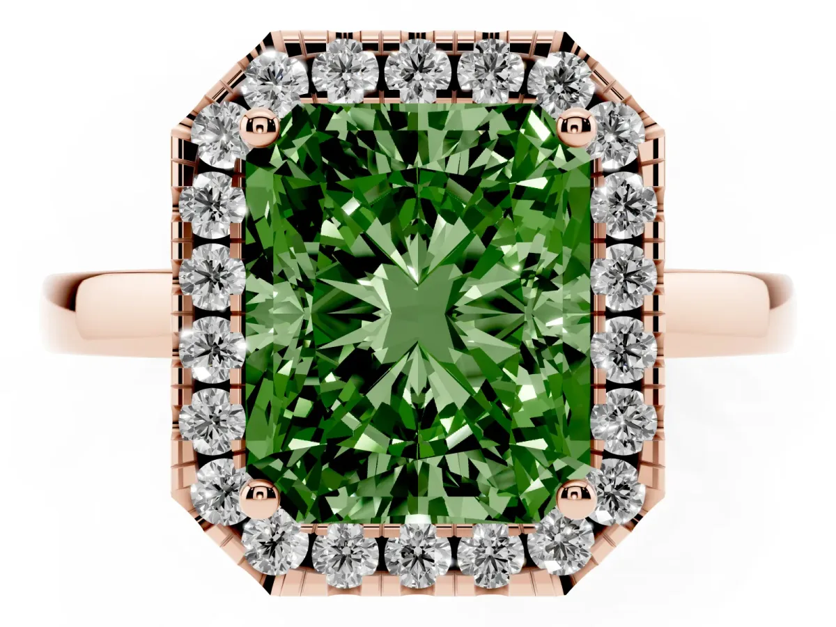 Fancy Green Radiant Cut Halo Diamond Solitaire with Pavé Band and Four-Prong Setting Rose gold