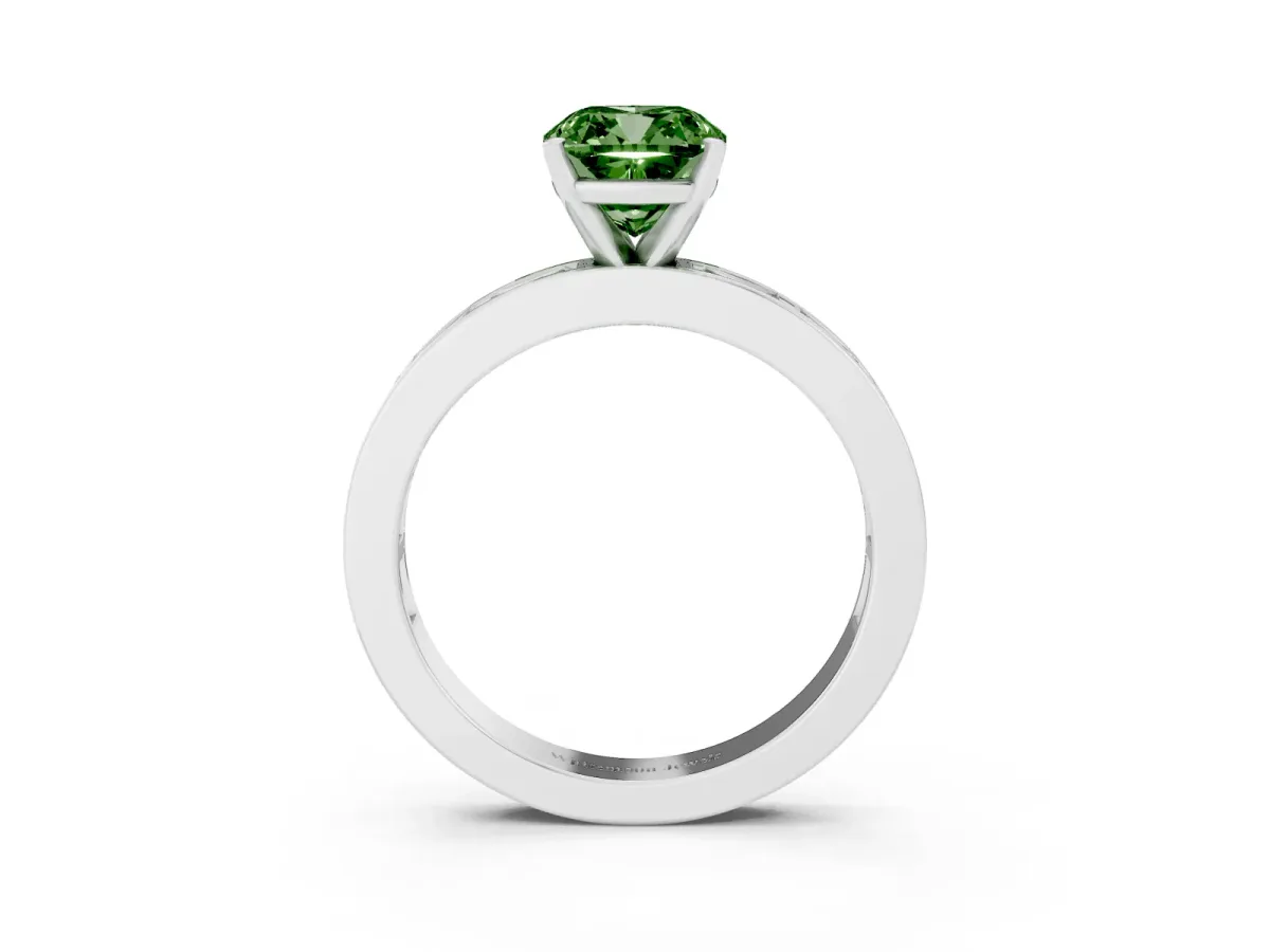 Fancy Green Cushion Cut Solitaire Diamond Ring with Channel-Set Baguette Band and Four-Prong Setting Silver