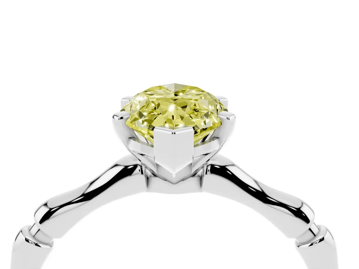 Fancy Yellow Marquise Cut Solitaire Diamond Ring with Bamboo Band and Four-Prong Setting White gold