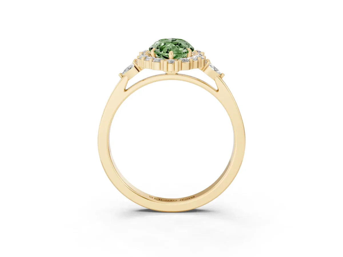 Fancy Green Marquise Cut Diamond Halo Ring with Pear Side Stones and Prong Setting Yellow gold