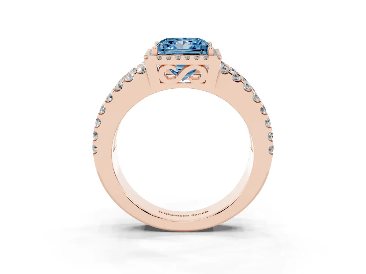 Fancy Blue Princess Cut Cut Halo Split Shank Diamond Ring with Four-Prong Setting Rose gold