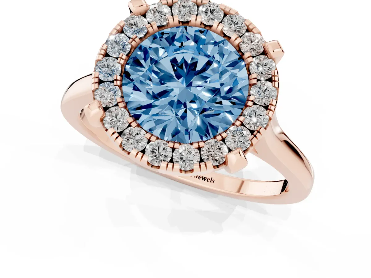 Fancy Blue Round Cut Diamond Cluster Halo Solitaire with Four-Prong Setting Rose gold