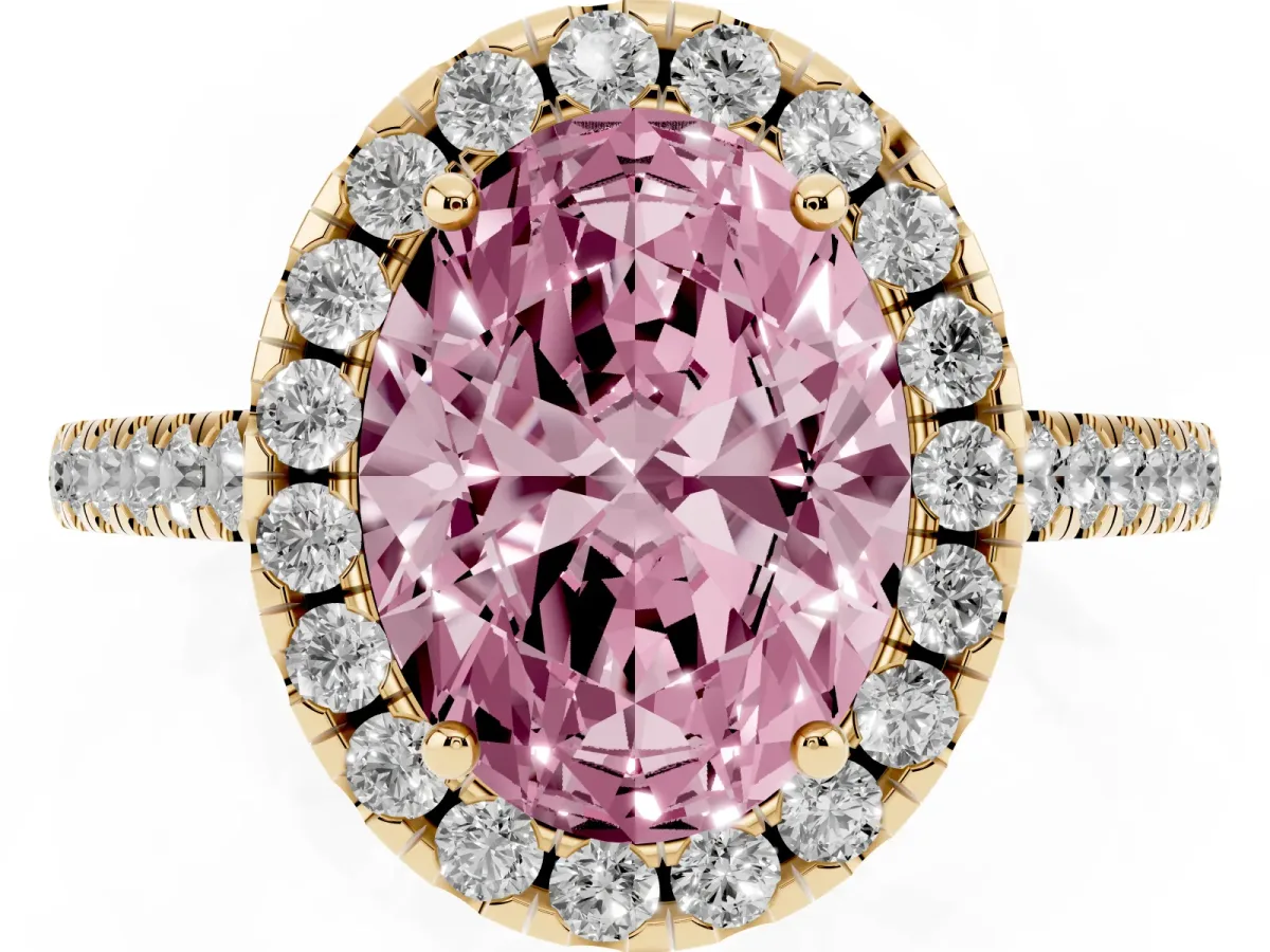 Fancy Pink Oval Cut Halo Pavé Diamond Engagement Ring with Four-Prong Setting Yellow gold