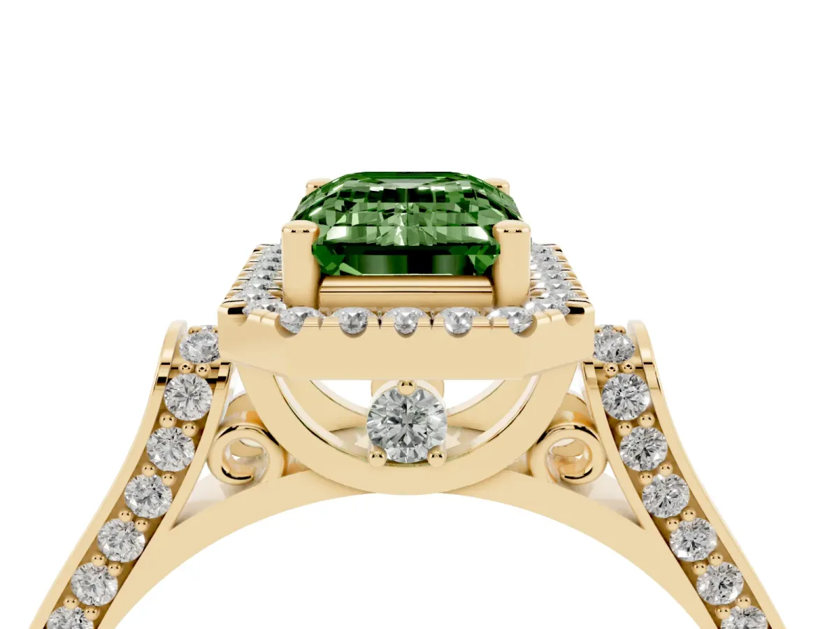 Fancy Green Emerald Cut Halo Round Diamond Twist Band with Four-Prong Setting Yellow gold